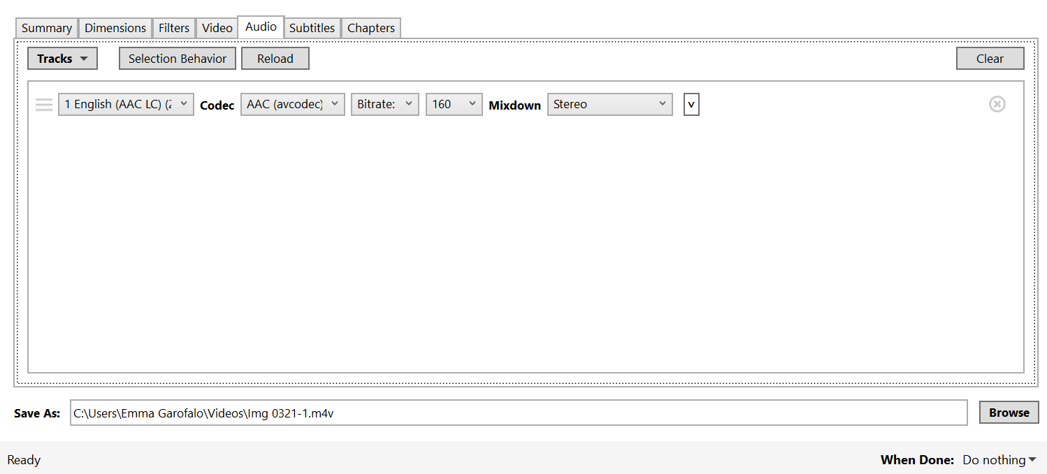 Вкладка аудио в Handbrake с выбранными дорожками