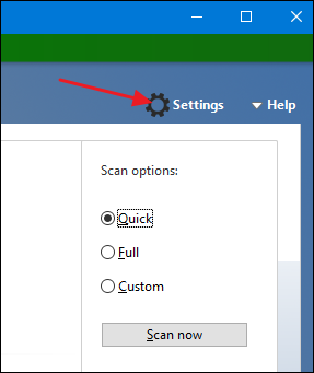 Кнопка настроек в окне Windows Defender