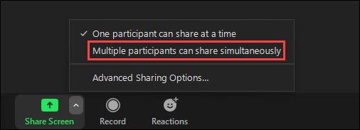 Меню с опцией 'Нескольким участникам разрешено делиться одновременно'