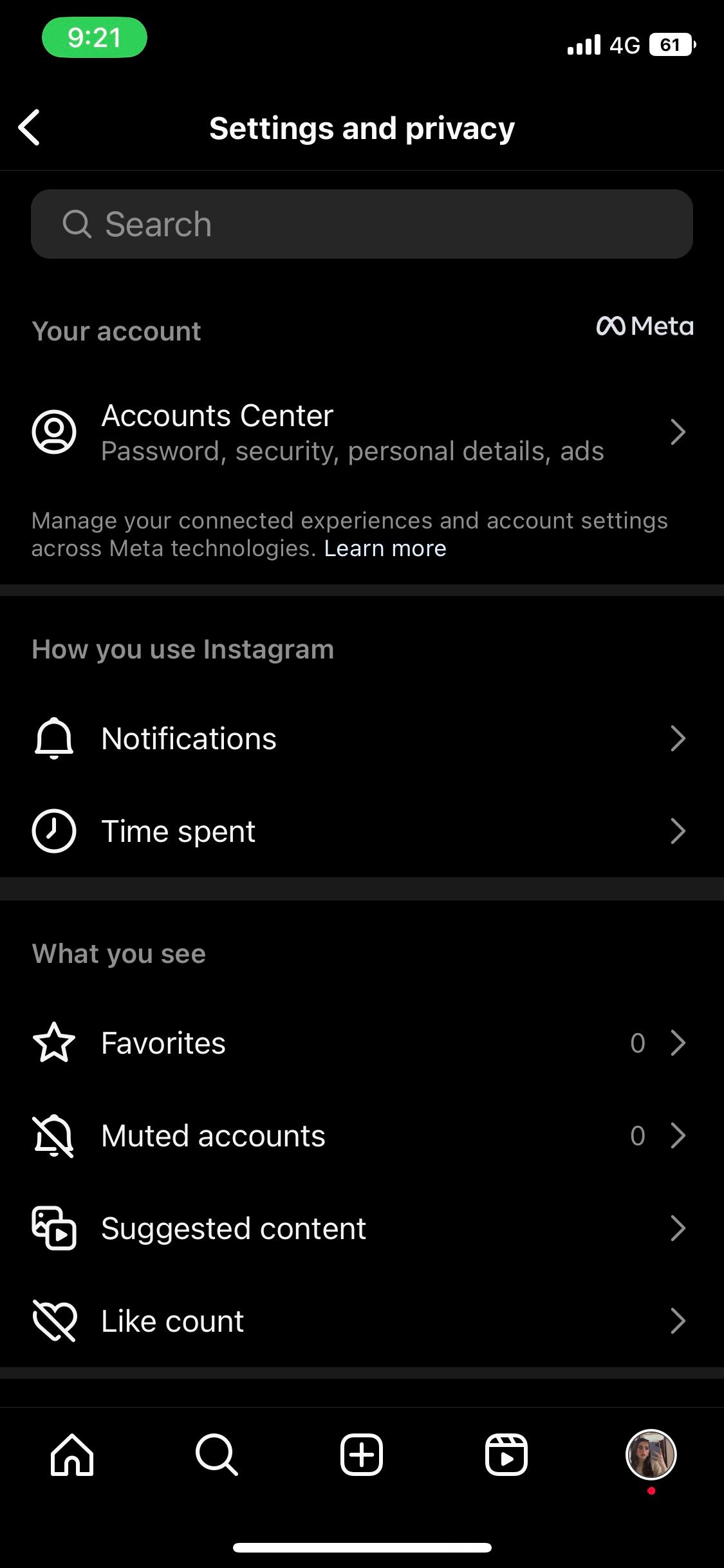 Страница Настройки и конфиденциальность в Instagram