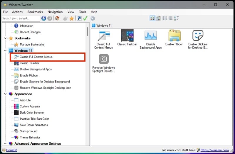 Опция Classic Full Context Menus в Winaero Tweaker