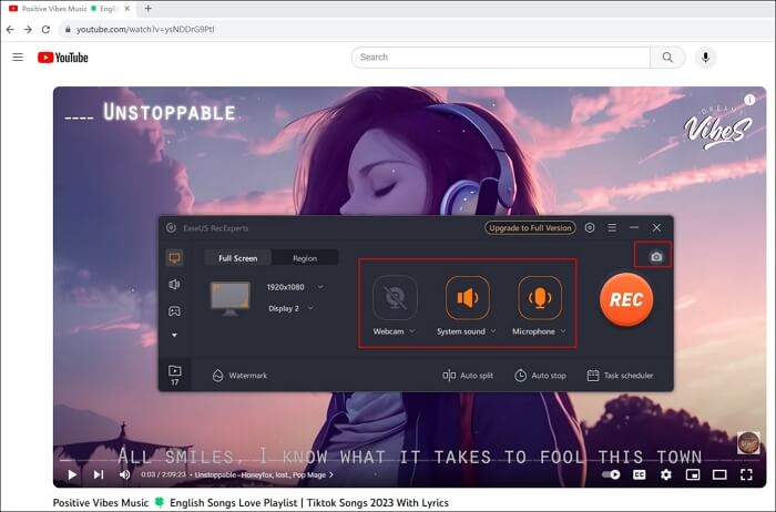 Параметры записи: веб-камера, системный звук и микрофон