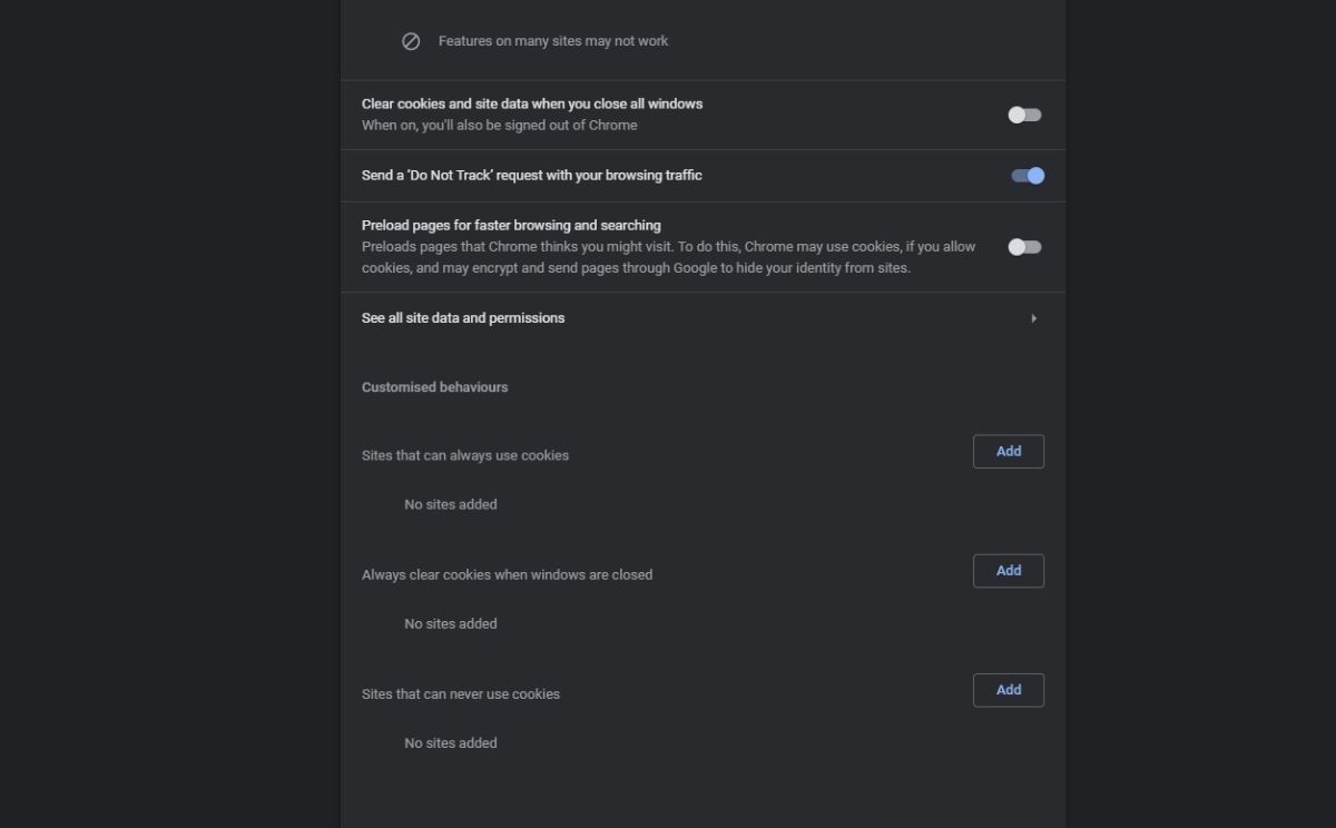 Скриншот страницы настройки исключений для файлов cookie в Chrome