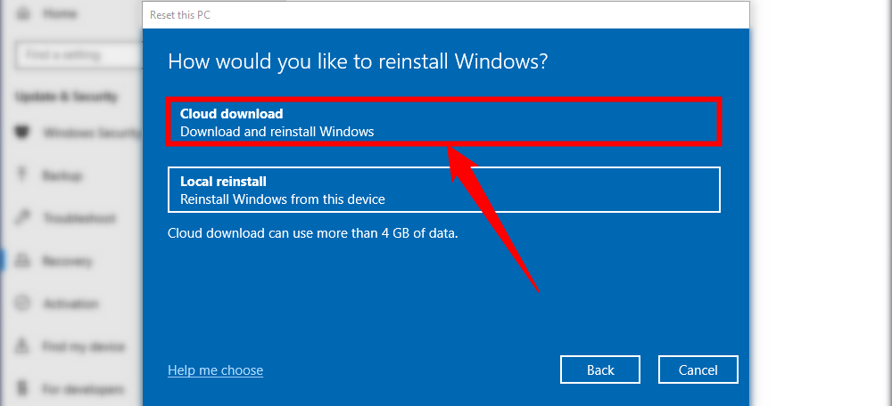 Выберите Cloud Download или Local Reinstall.