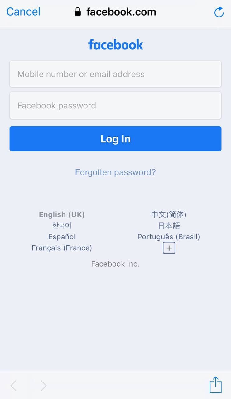 Скриншот страницы входа Facebook, открытой из Instagram