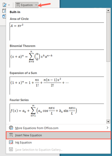 Вставить новое уравнение в меню уравнений Word
