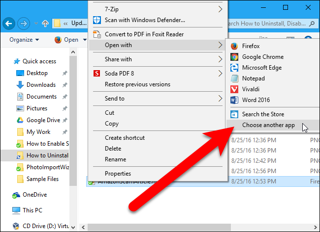 Контекстное меню 'Открыть с помощью' — выбор 'Выбрать другое приложение'.