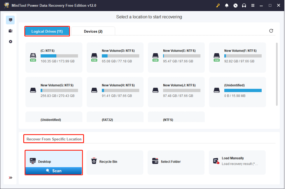 Интерфейс MiniTool: выбор места сканирования