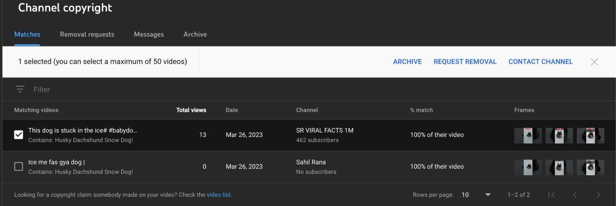 Выбор совпадающего видео для отправки запроса на удаление