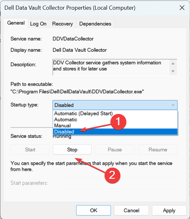 Остановка службы Dell