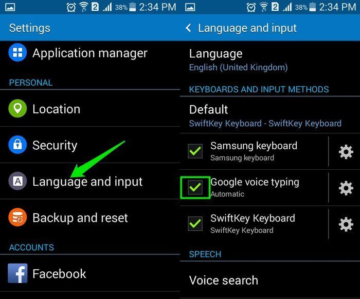 Экран настройки Google Voice Typing в Android