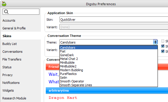Скриншот Digsby: выбор скинов и тем
