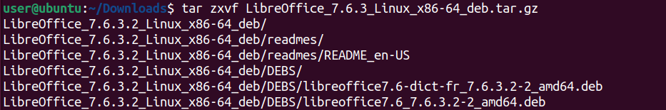 Терминал Linux с командой tar для распаковки deb файлов