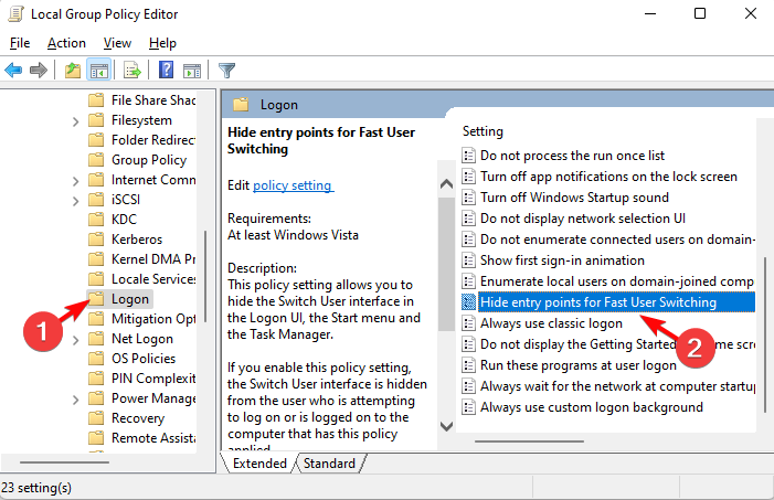 Политика Hide entry points for the Fast User Switching в редакторе груповой политики