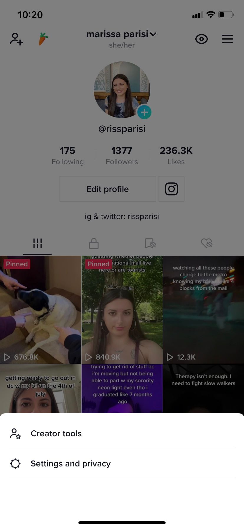 Скриншот кнопки Creator Tools в TikTok
