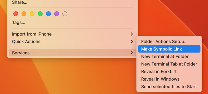 Пункт Make Symbolic Link в меню Services