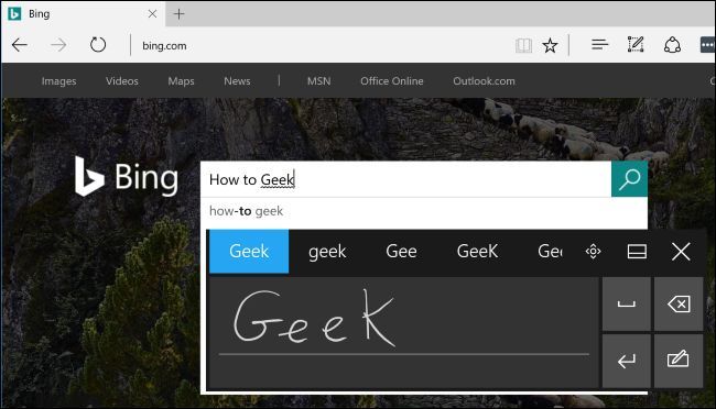 Фокус на текстовом поле в Microsoft Edge и открытая рукописная клавиатура