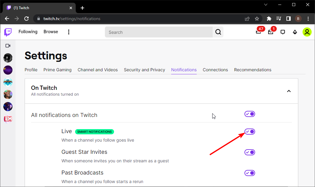 опция Live-уведомления