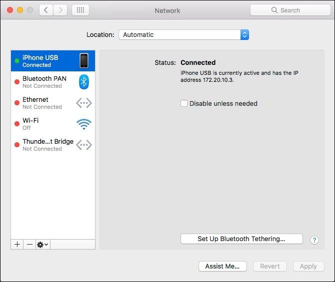 Mac: подключение iPhone через USB в сетевых настройках