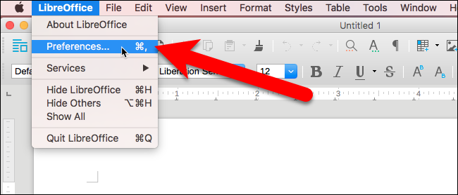 Меню «LibreOffice → Настройки» на macOS