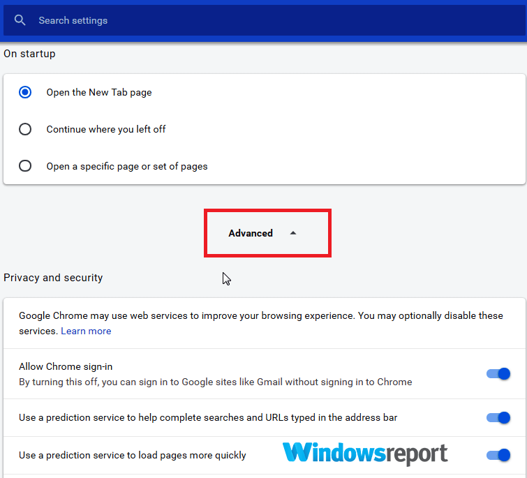 Настройки Chrome, доступ к расширенным параметрам