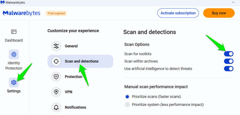 Impostazione Malwarebytes per abilitare Scansione per rootkit