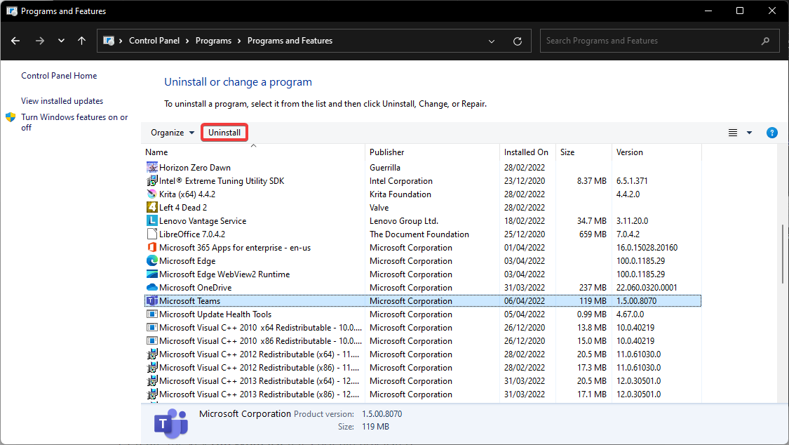 Кнопка удаления Microsoft Teams.