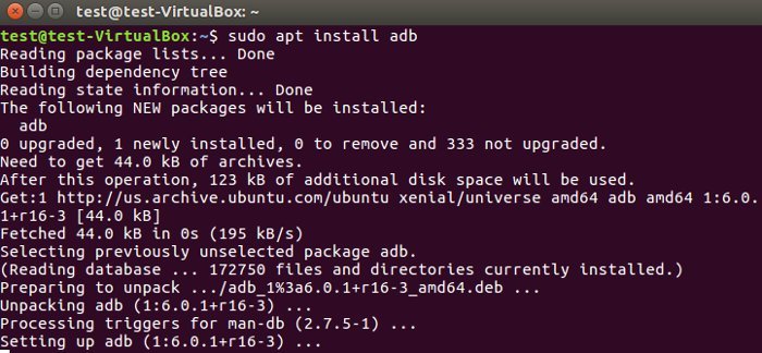 Установка ADB в Ubuntu, окно терминала с командой apt install adb