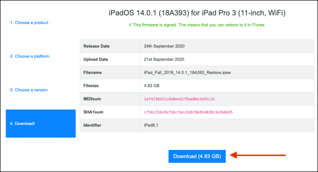Нажмите Download для загрузки IPSW-файла