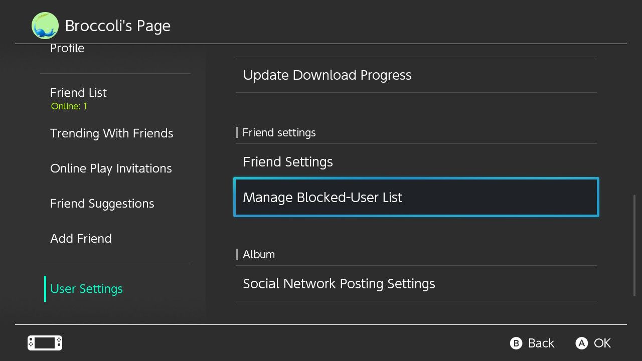 Управление списком заблокированных пользователей на Nintendo Switch