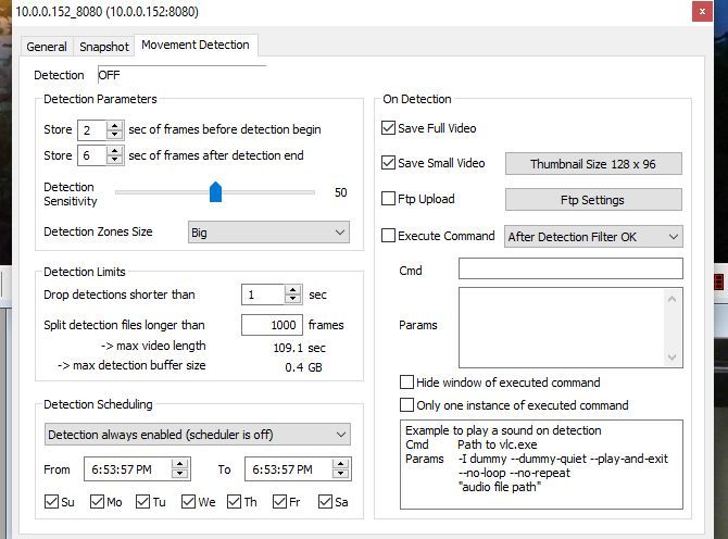 Параметры детекции движения в ContaCam и настройки загрузки на FTP