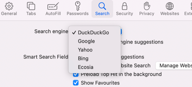 Список доступных поисковых систем в Safari