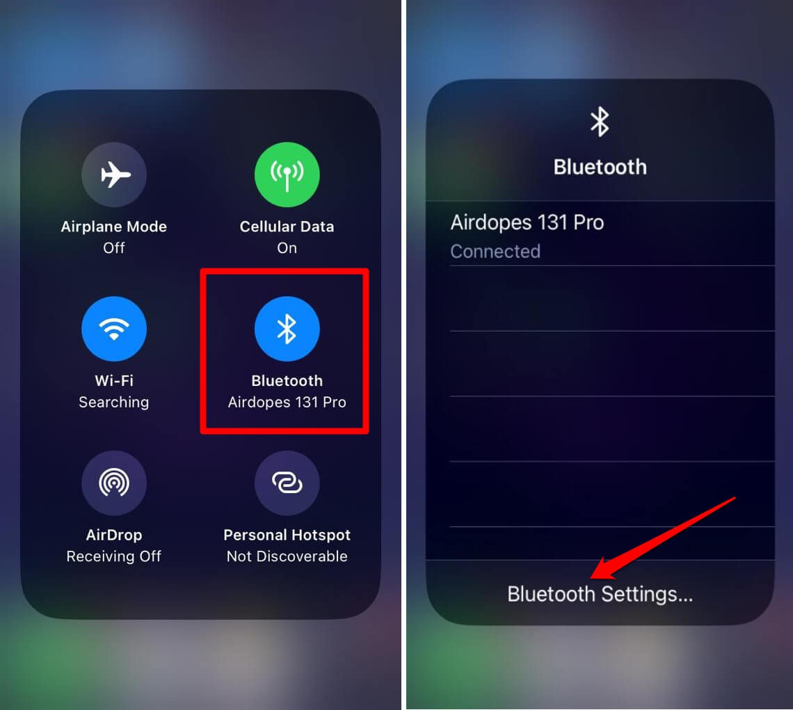 Окно настроек Bluetooth на iPhone