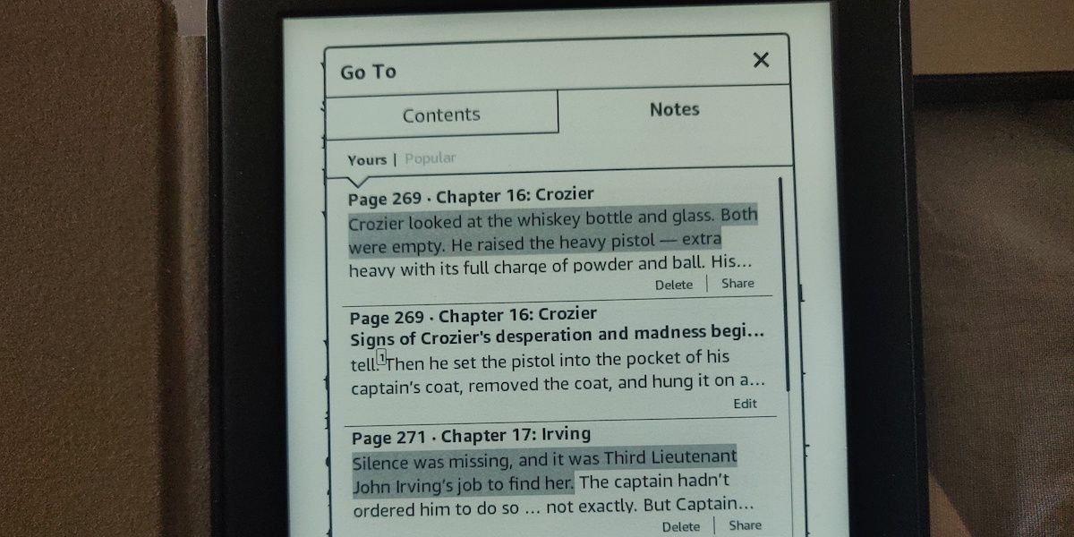 Раздел «Notes» в меню «Go To» на Kindle с перечислением заметок и выделений.