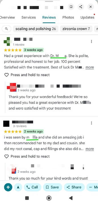 Скриншот отзывов Google с частыми упоминаниями имён и услуг