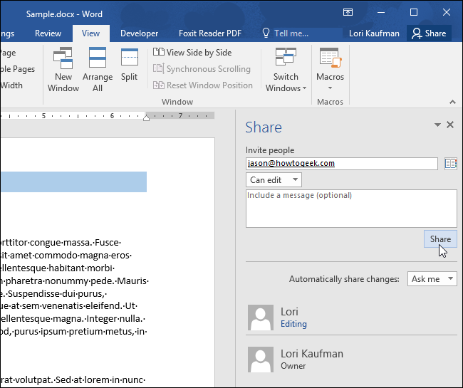 Ввод адреса и выбор прав доступа для приглашённого пользователя