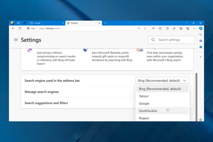 Как поменять поисковую систему в Microsoft Edge