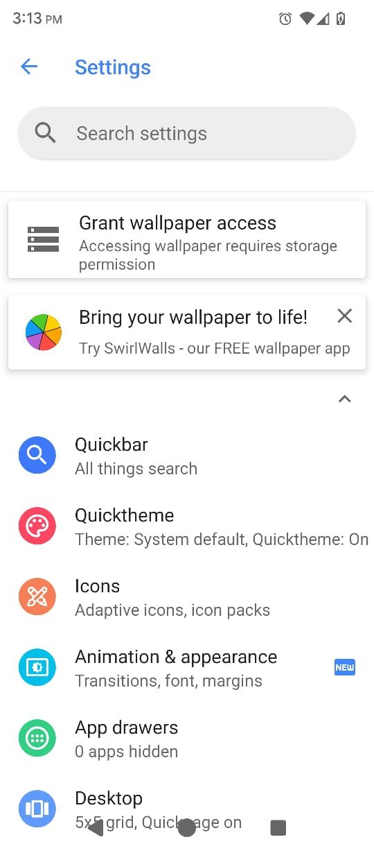 Меню настроек Action Launcher