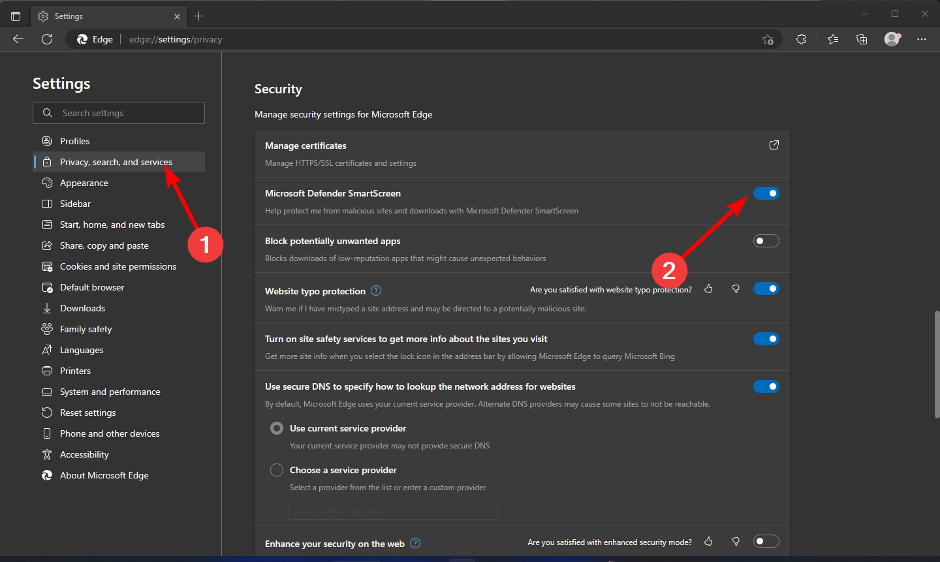 Отключение Microsoft Defender SmartScreen в Edge