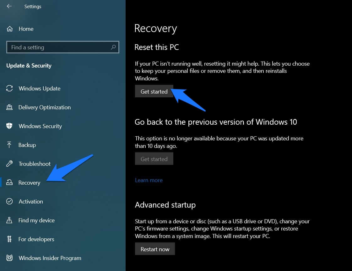 Восстановление и сброс ПК