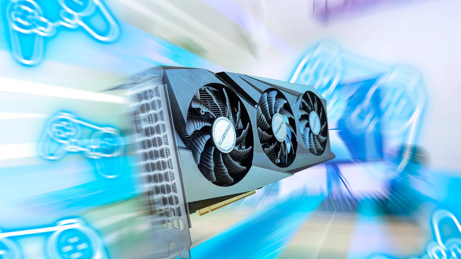 Una GPU de alta velocidad orientada hacia una pantalla de ordenador con iconos de mandos de videojuegos alrededor.