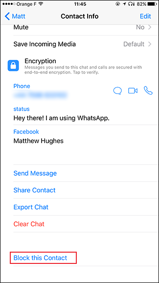 Кнопка «Заблокировать этого контакта» внизу экрана