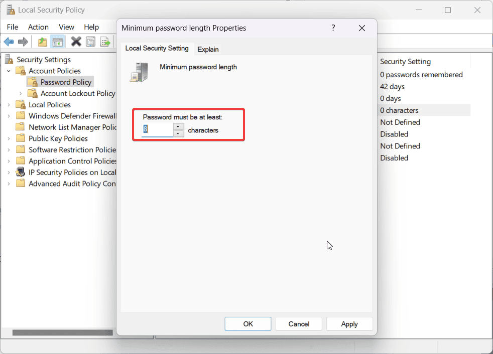 Окно установки минимальной длины пароля с полем для числа