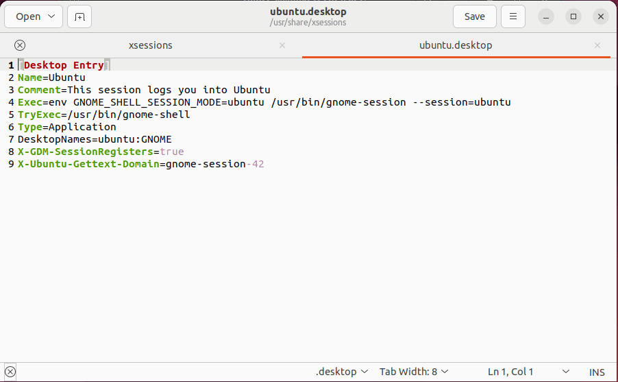Снимок экрана gedit, запущенного с правами суперпользователя, показывающий содержимое папки xsessions.