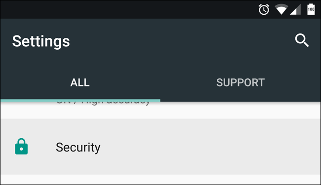 Пункт меню Безопасность в настройках Android