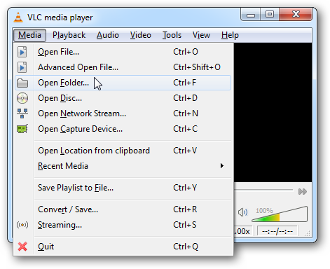 VLC — меню Media > Open Folder