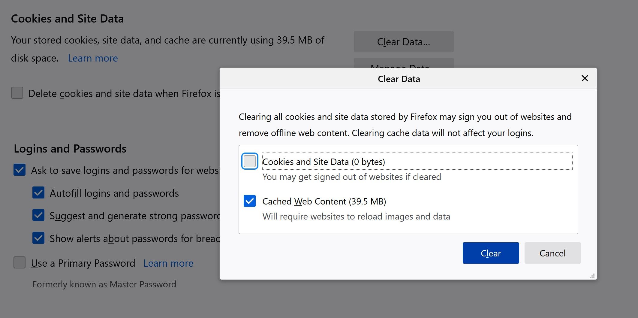 Подтверждение удаления кеша в Firefox