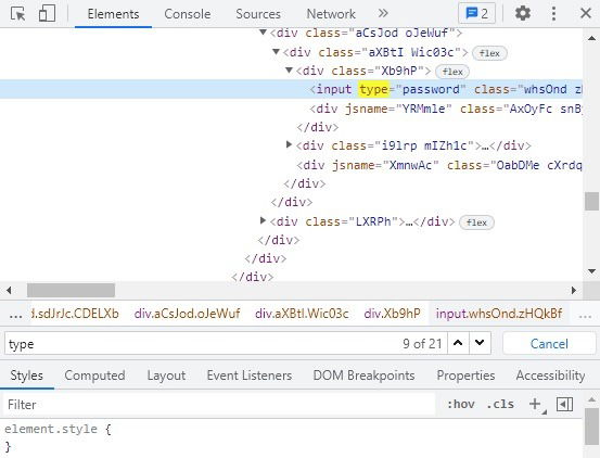 Скриншот: редактирование type=password в Chrome