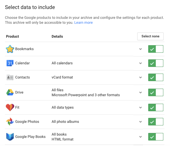 Инструмент Google Takeout — выбор сервисов для экспорта данных