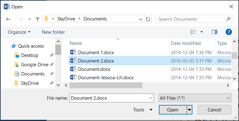 Выделение файла в диалоге Open в Word